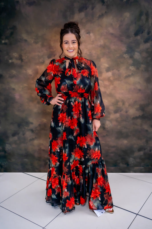 Lovedrobe Floral Tie Neck Long Sleeve Maxi Dress