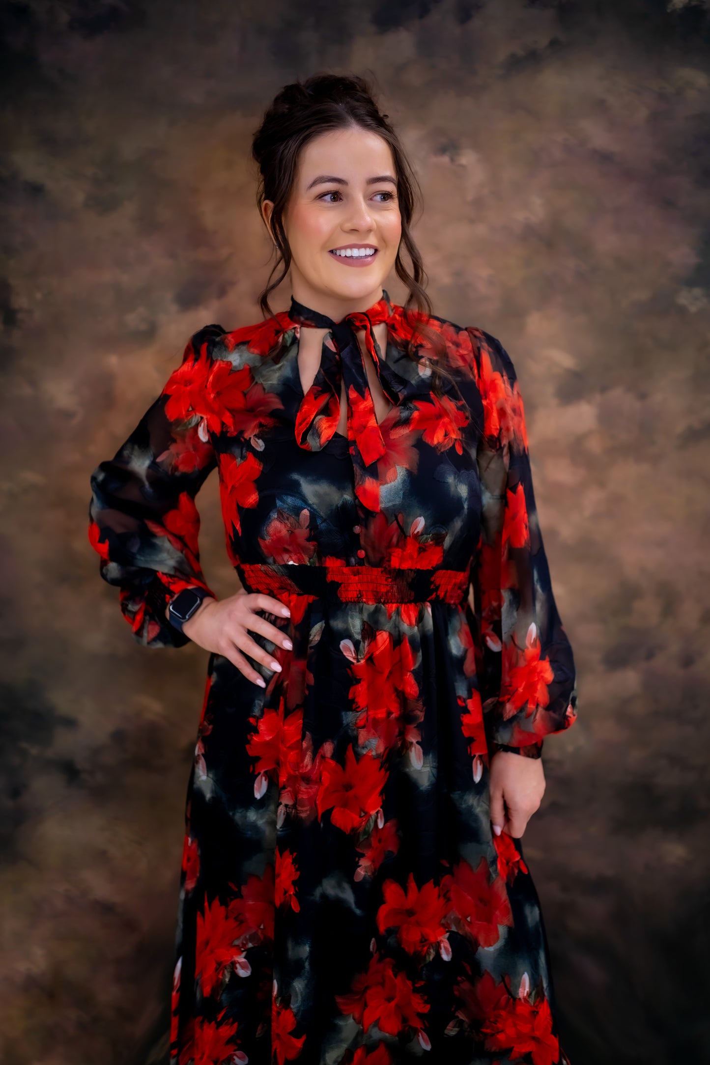 Lovedrobe Floral Tie Neck Long Sleeve Maxi Dress