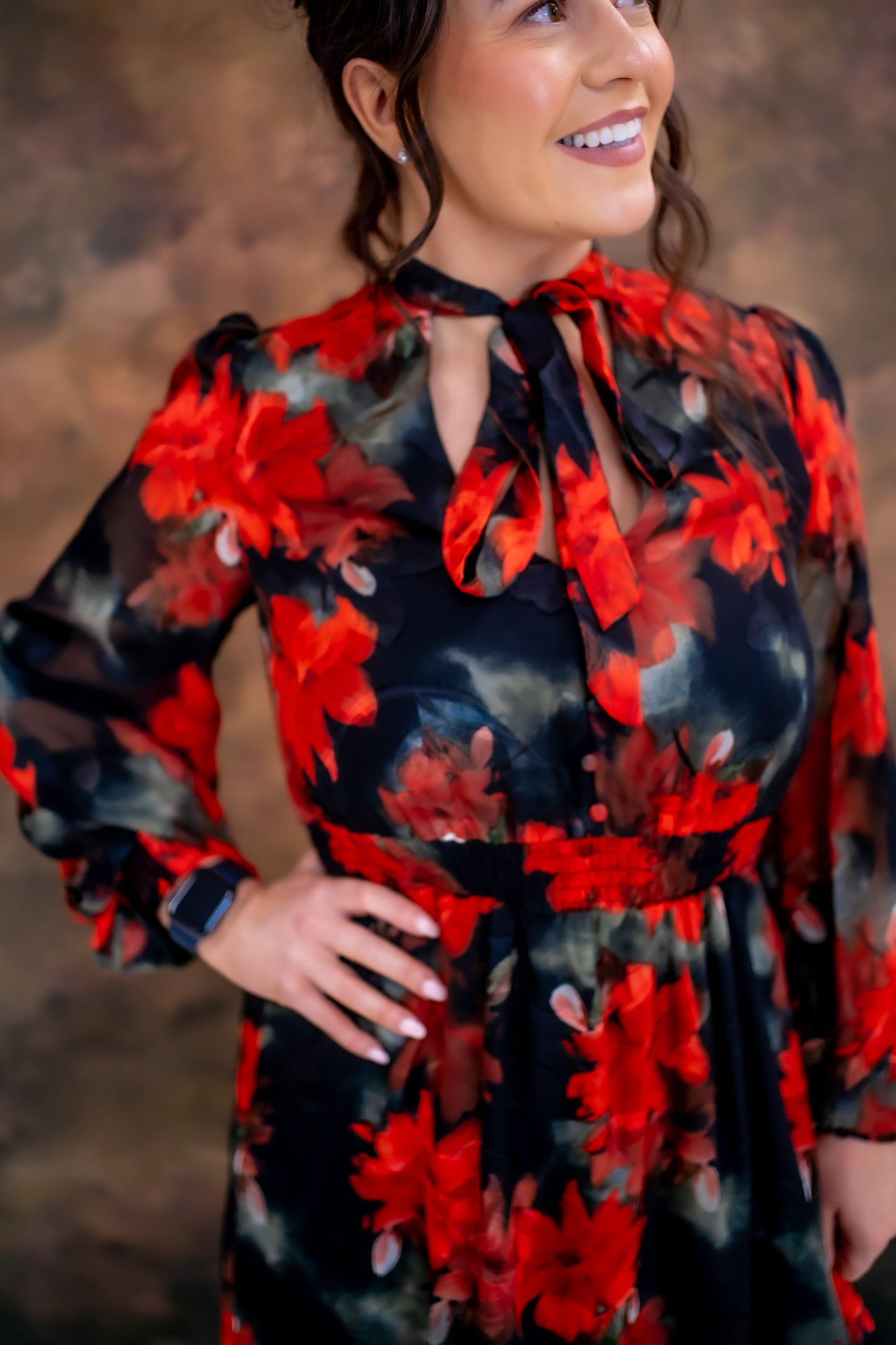 Lovedrobe Floral Tie Neck Long Sleeve Maxi Dress