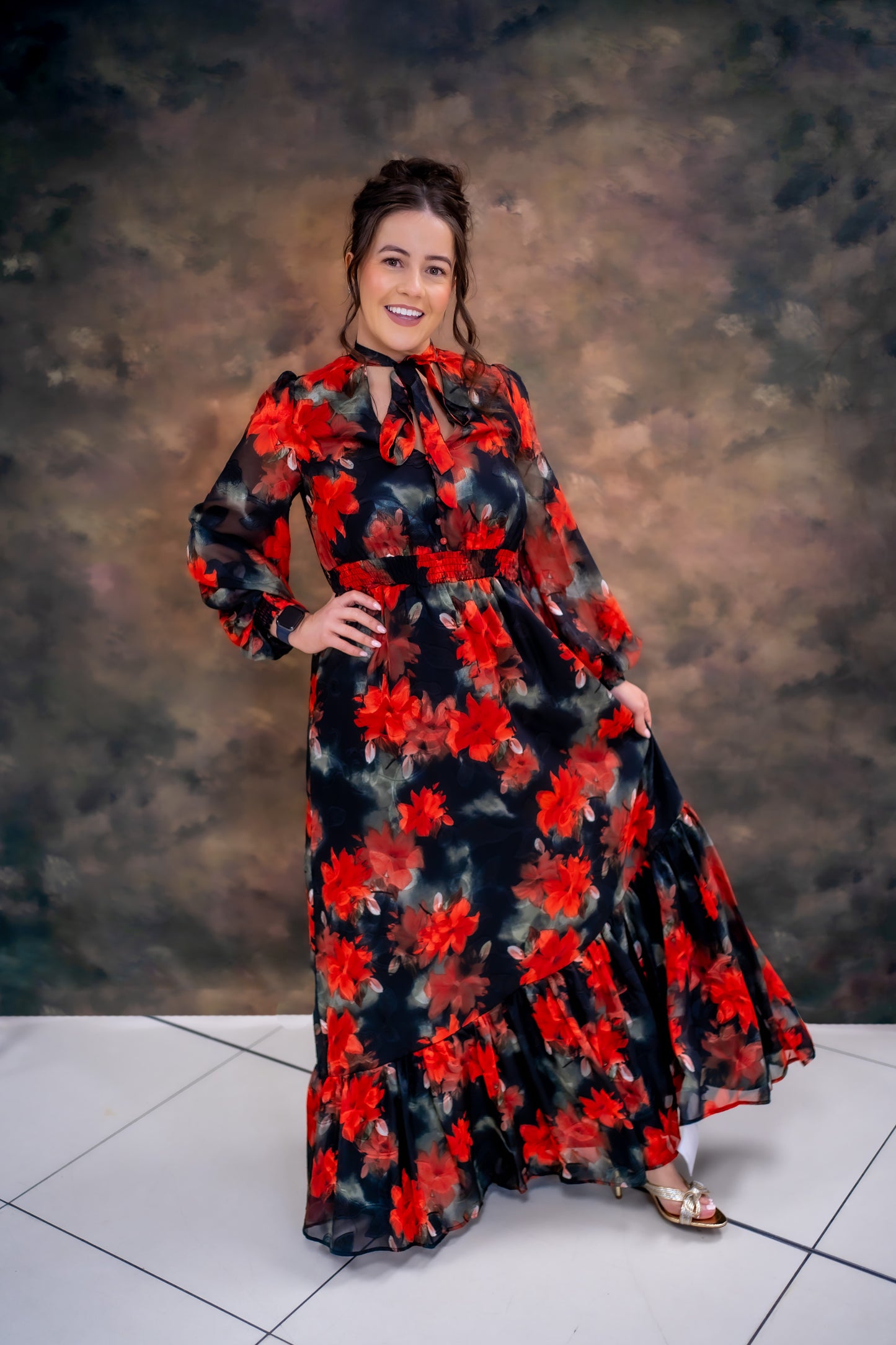 Lovedrobe Floral Tie Neck Long Sleeve Maxi Dress