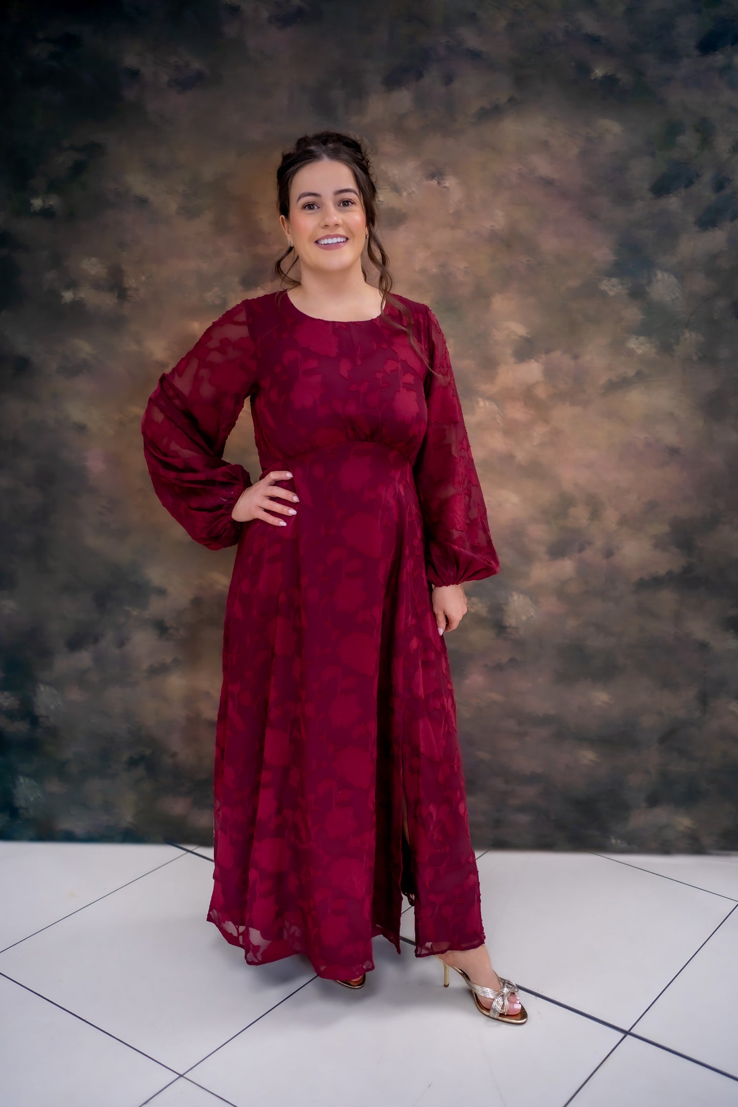 Lovedrobe Red Floral Burnout Long Sleeve Keyhole Back Midaxi Dress