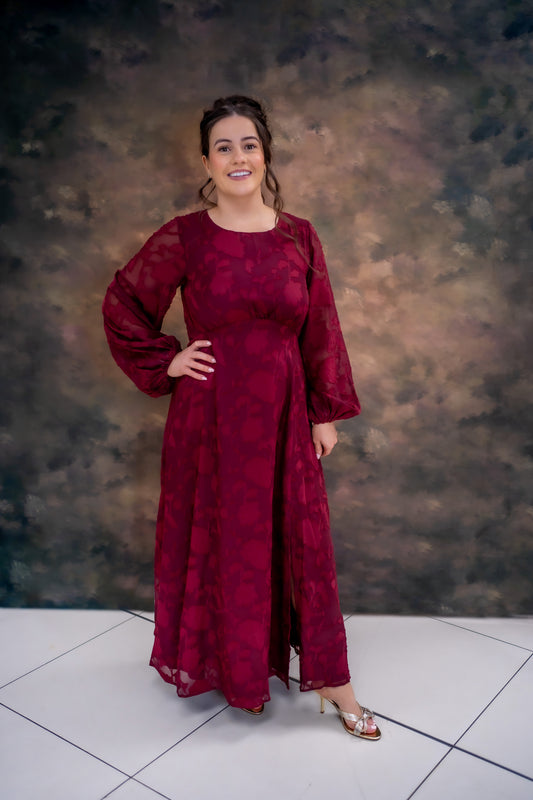 Lovedrobe Red Floral Burnout Long Sleeve Keyhole Back Midaxi Dress