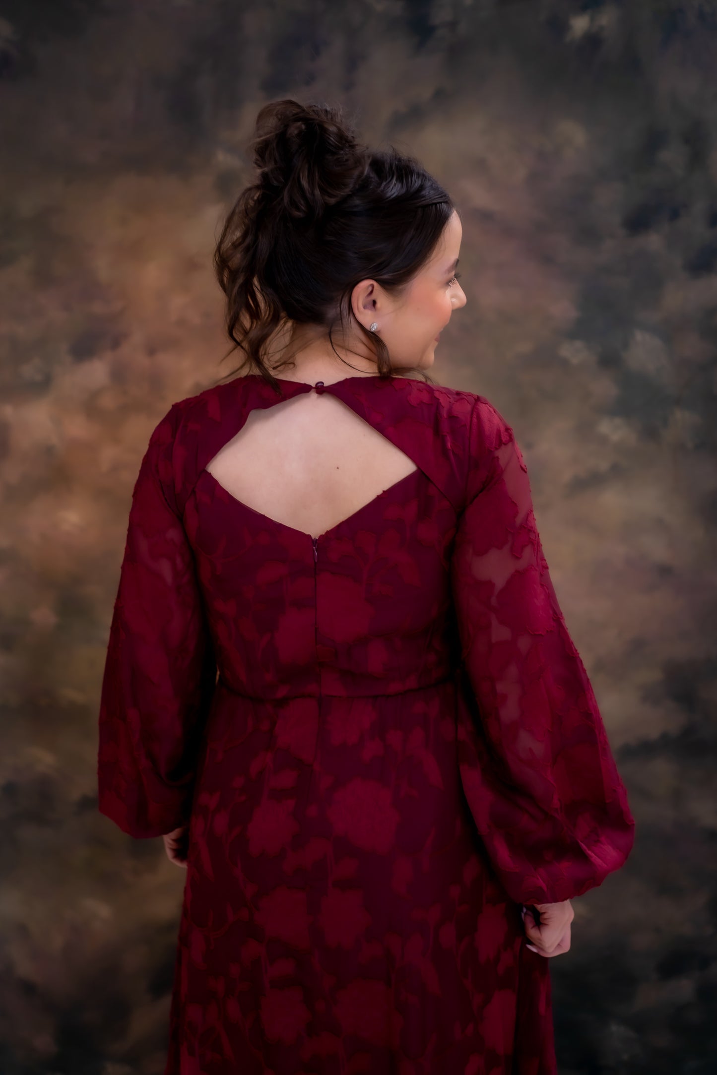 Lovedrobe Red Floral Burnout Long Sleeve Keyhole Back Midaxi Dress