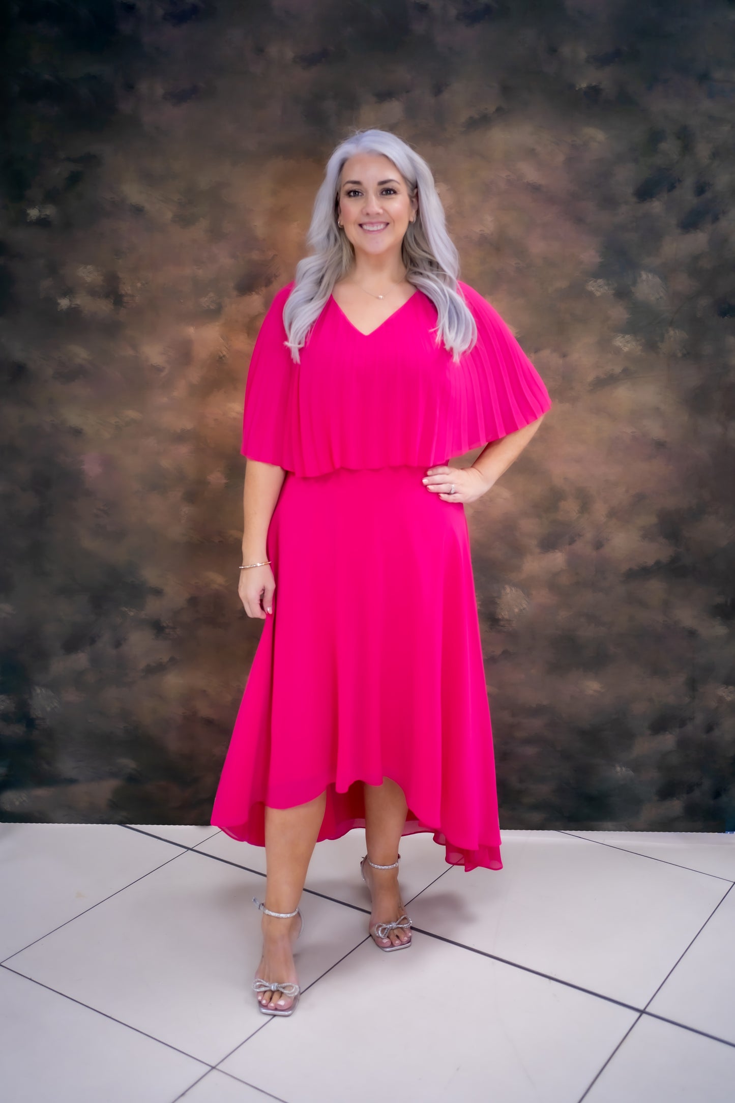 Lizabella Dipped Hem Dress With Pleated Cape Top