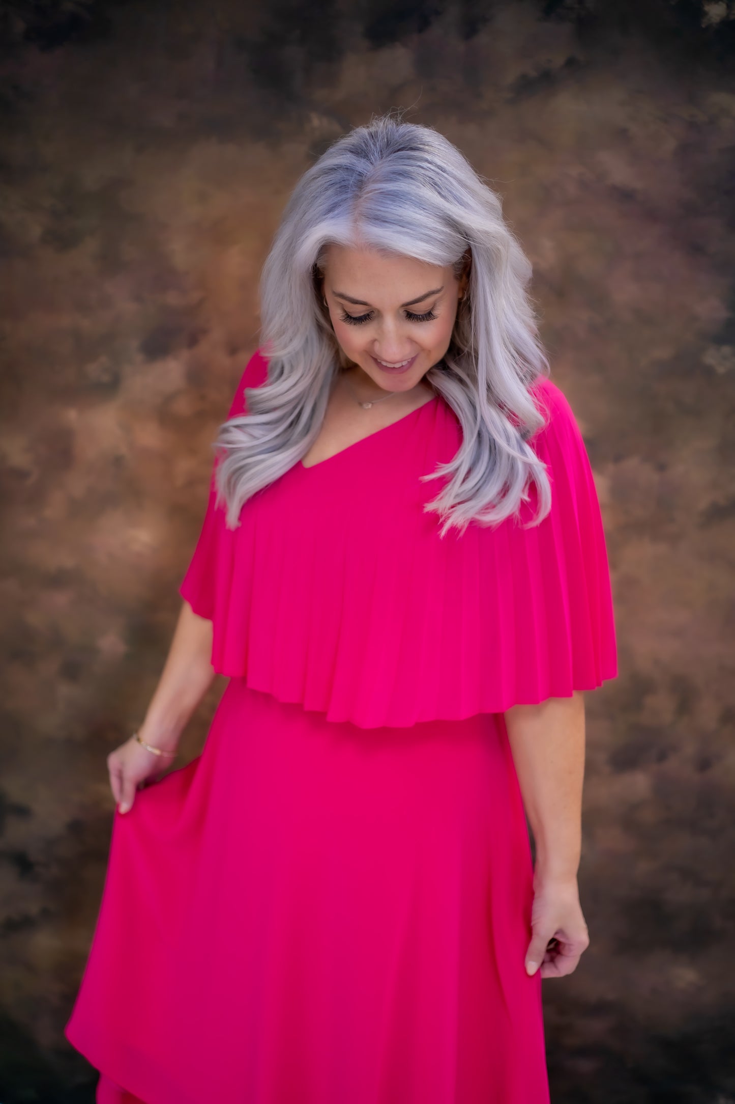 Lizabella Dipped Hem Dress With Pleated Cape Top