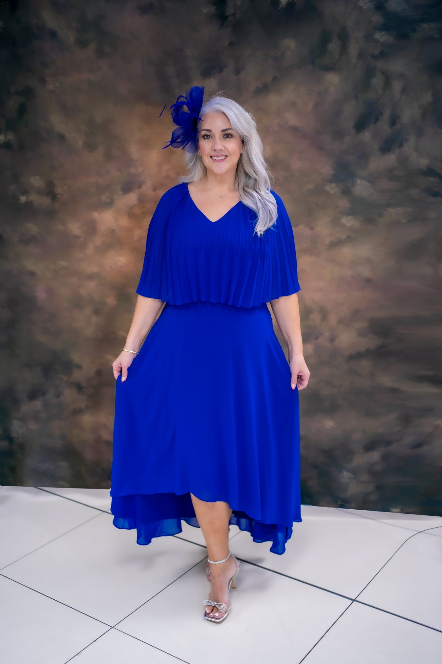 Lizabella Dipped Hem Dress With Pleated Cape Top