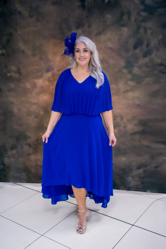 Lizabella Dipped Hem Dress With Pleated Cape Top