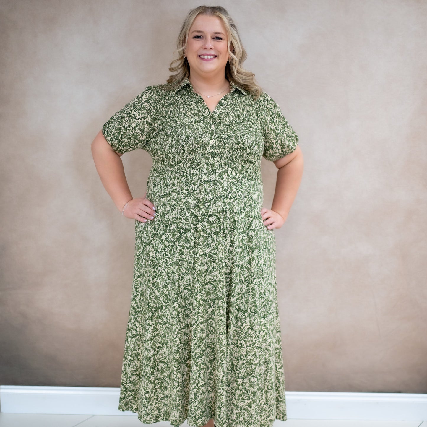 Floral Khaki Shirred Shirt Dress