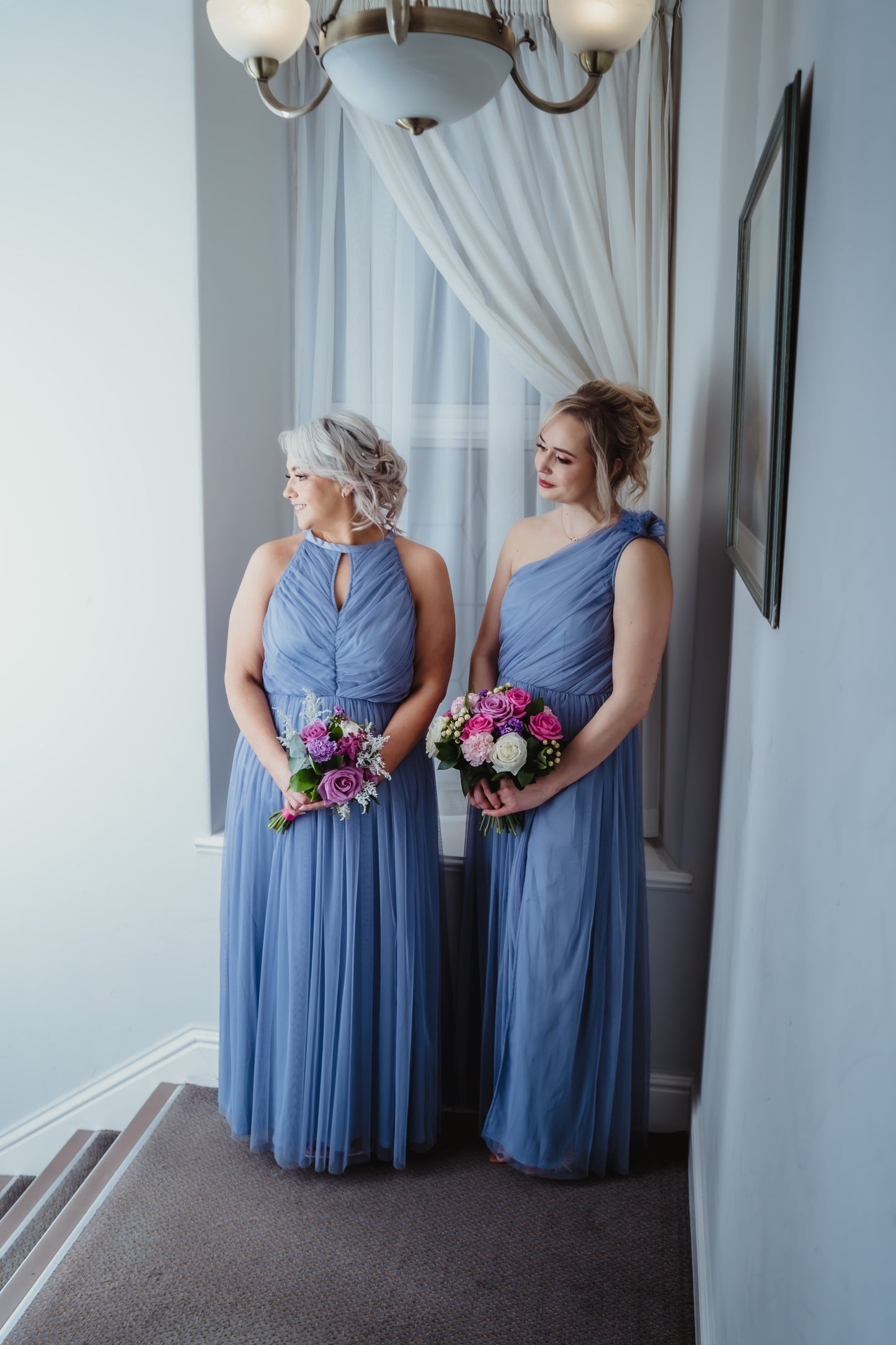 Anaya Slate Blue Ruffled One Shoulder Maxi Dress With Sash