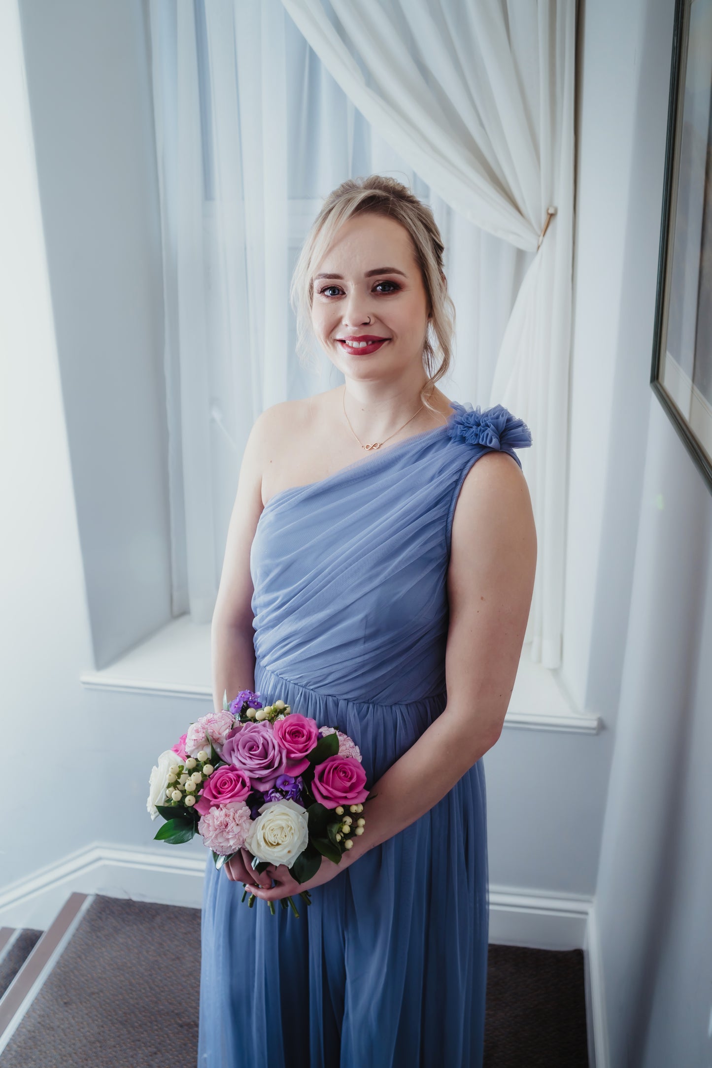 Anaya Slate Blue Ruffled One Shoulder Maxi Dress With Sash