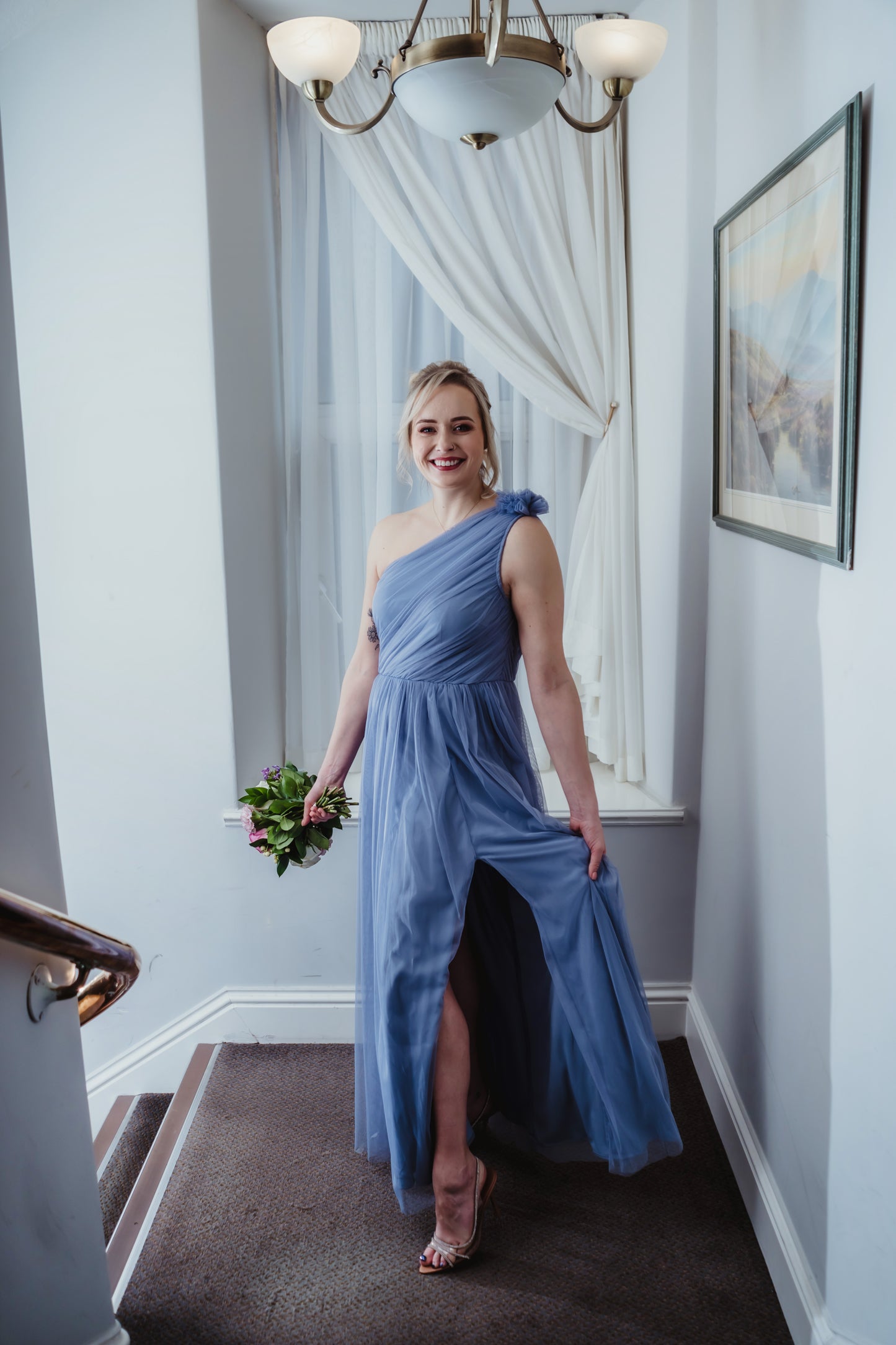 Anaya Slate Blue Ruffled One Shoulder Maxi Dress With Sash
