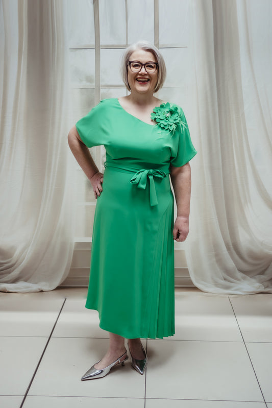 Lizabella Jade Side Pleated Dress With Detachable Corsage