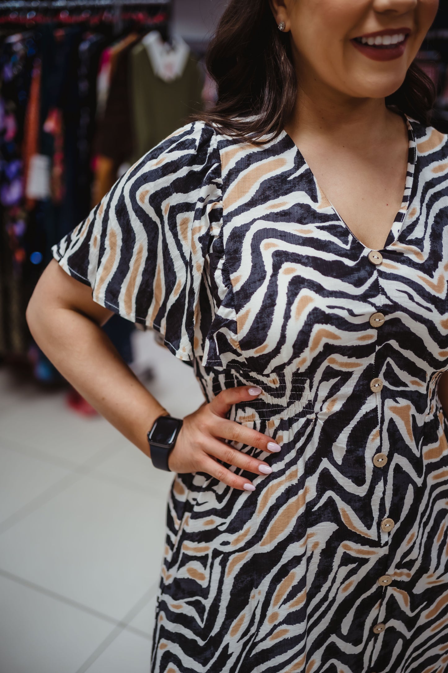 Animal Print Coconut Button Front Mini Dress