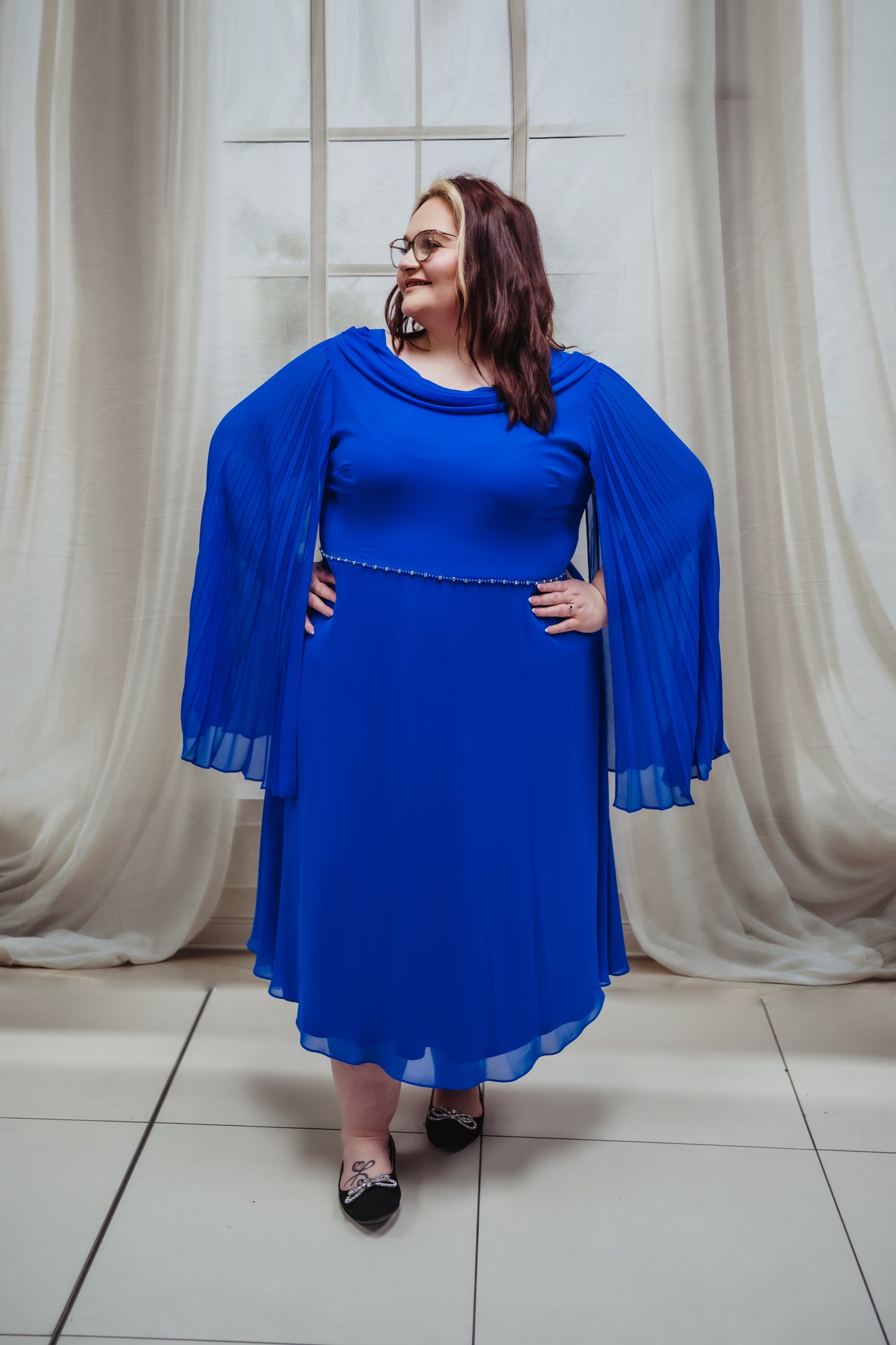 Lizabella Royal Blue A Line Chiffon Dress With Pleated Sleeves