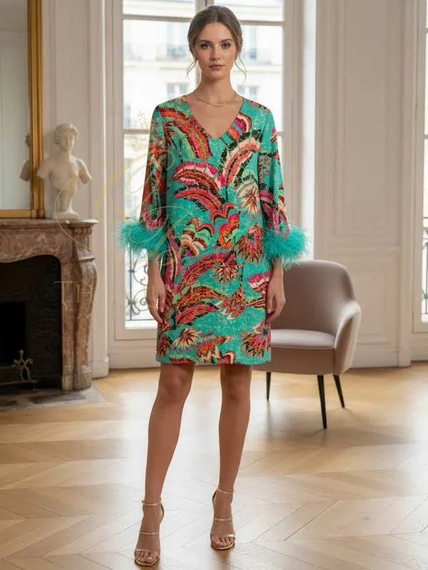 Malissa J Green Multi Bell Sleeve Dress With Detachable Feather Cuffs