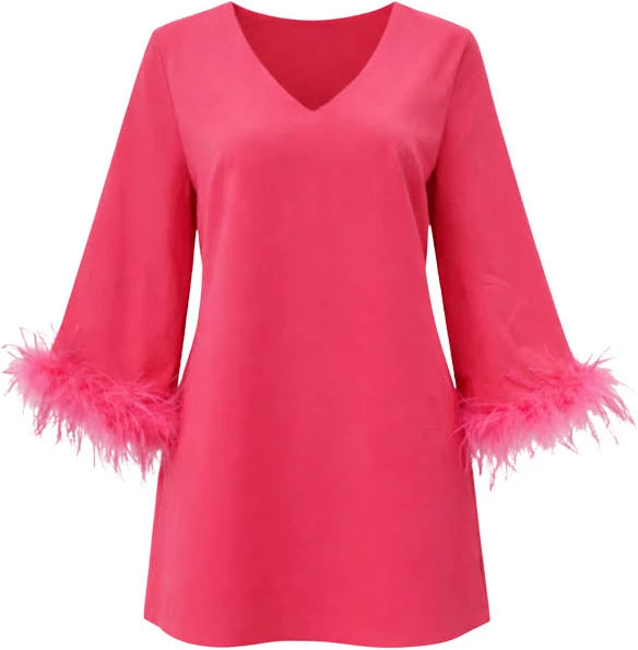 Malissa J Pink Bell Sleeve Dress With Detachable Feather Cuff