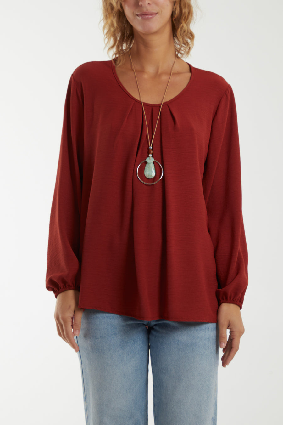 Long Sleeve Floaty Blouse With  Necklace