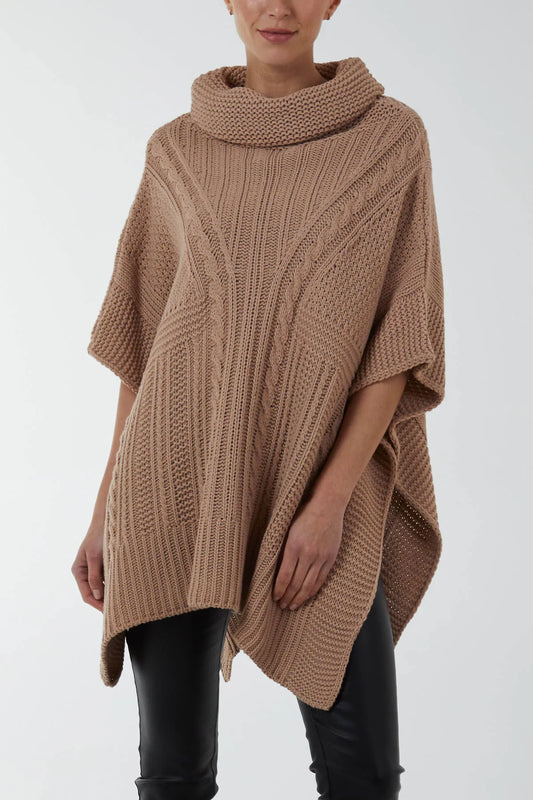 Roll Neck Cable Knit Poncho