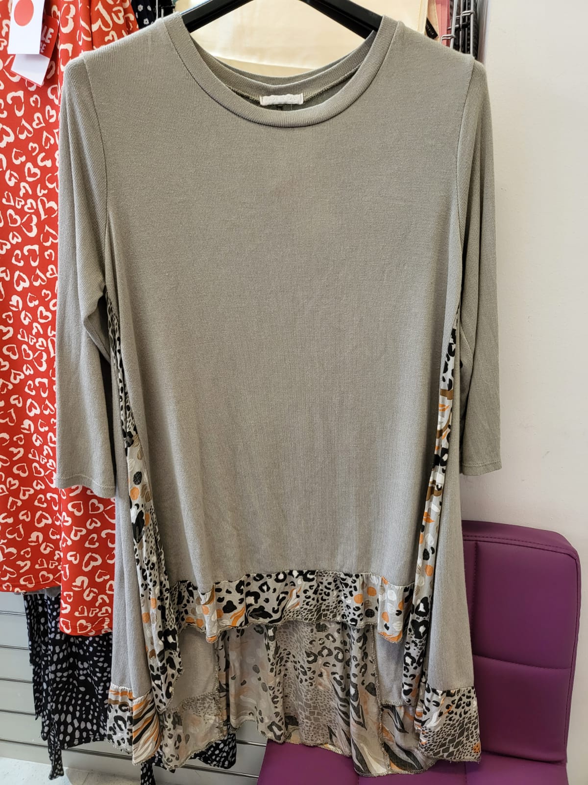 Chiffon Cut out Top in Grey and Leopard Print