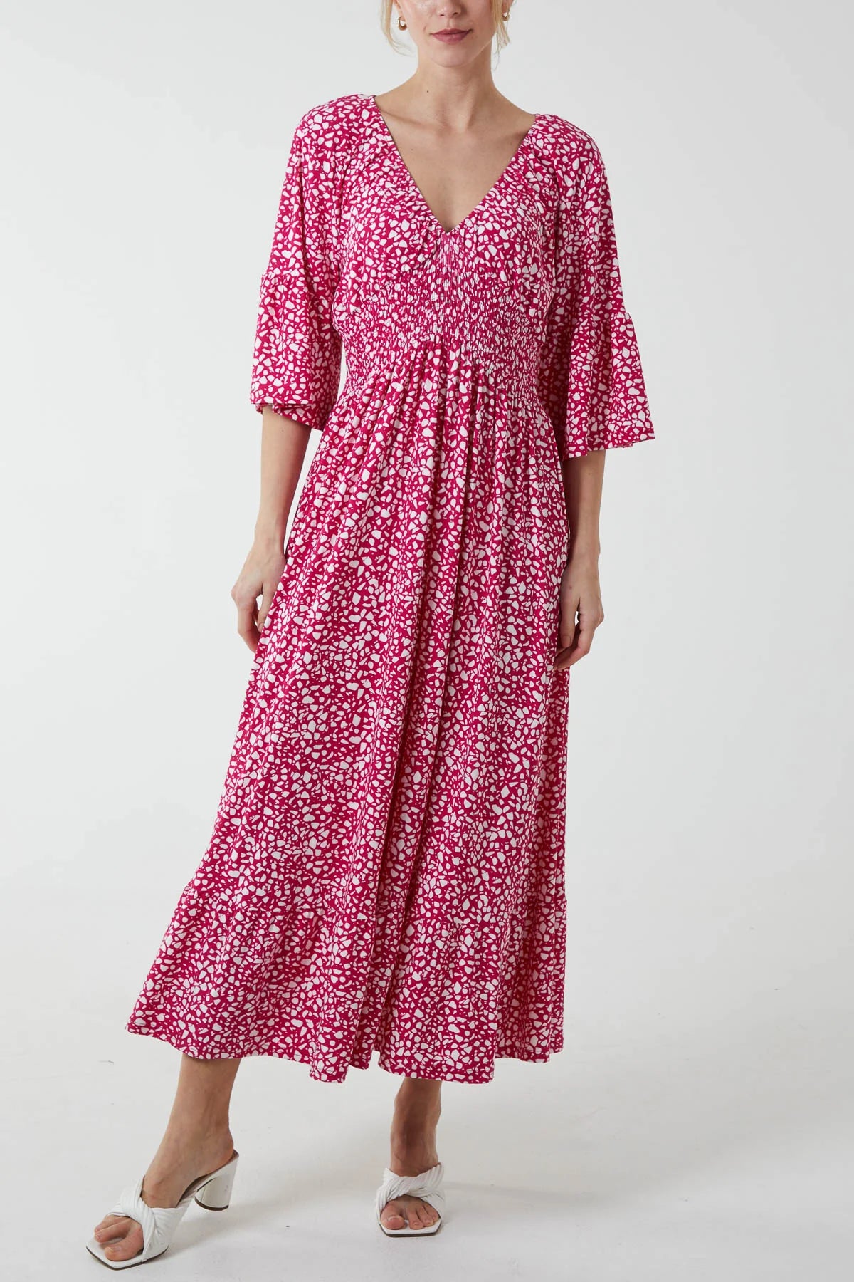 Spot Print  Shirred Waist Midi Dress