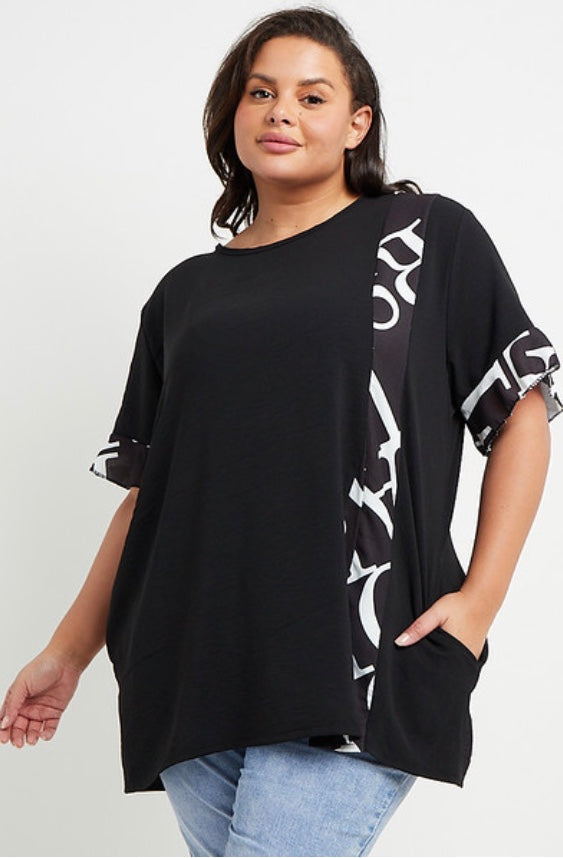 Frill Print Panel Blouse with Pockets