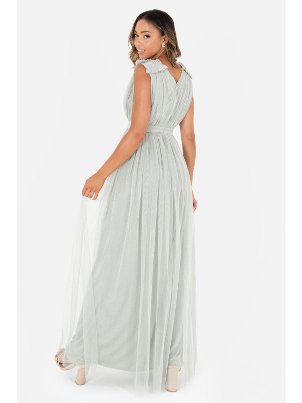 Maya Misty Green Ruffle Shoulder Maxi Dress