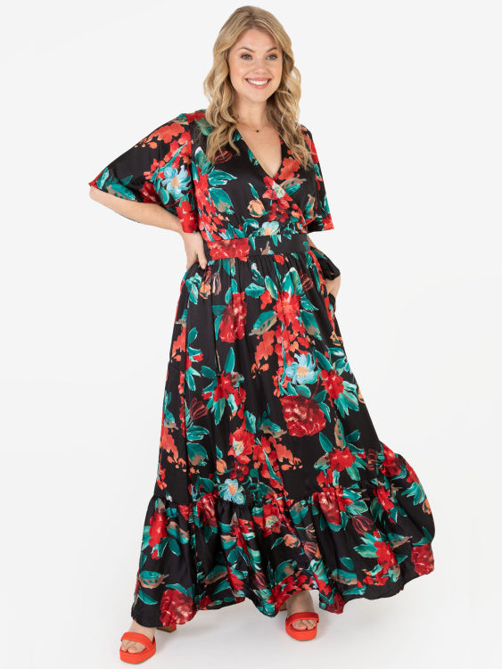 Lovedrobe Black & Red Floral Wrap Maxi Dress