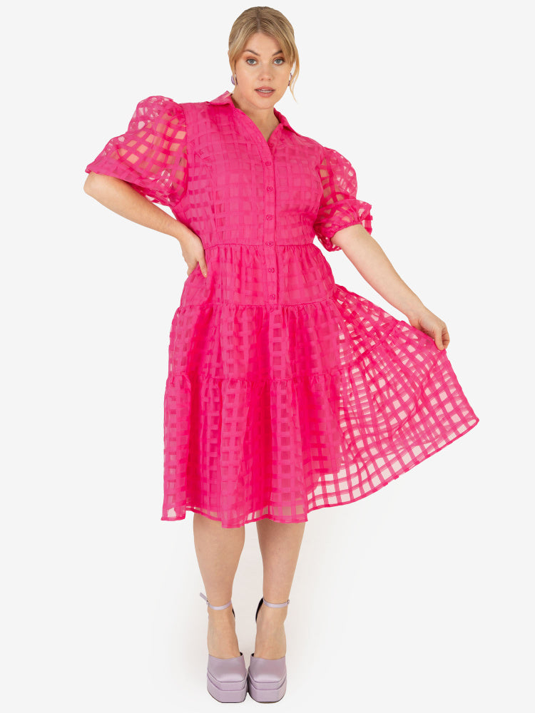 Lovedrobe Pink Chequered Midi Shirt Dress