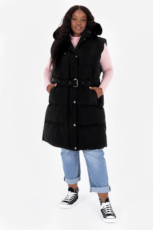 Lovedrobe Belted Hooded Gilet with Faux Fur